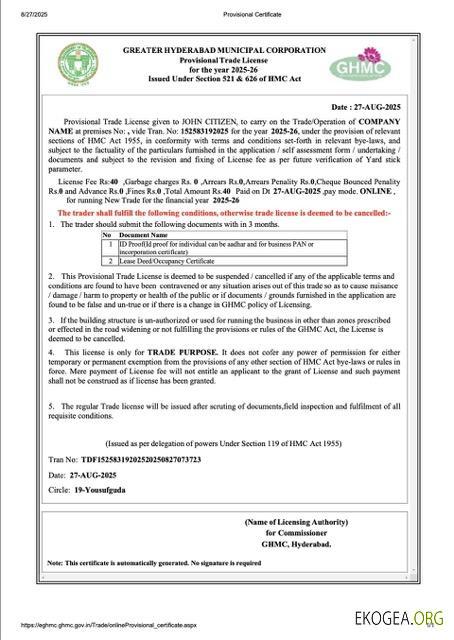 Modèle Word et PDF de licence commerciale provisoire pour l'Inde à Hyderabad